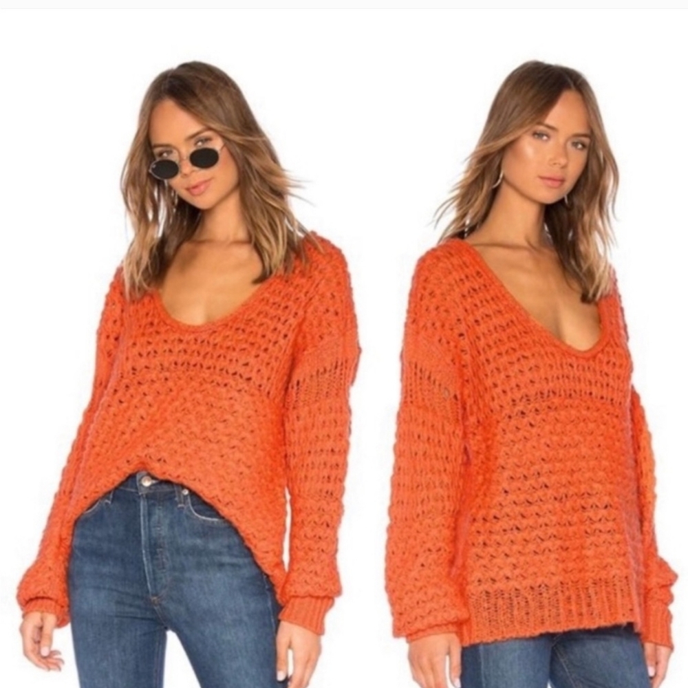 Free People Vibrant Orange V-Neck Sweater